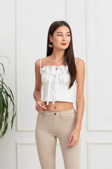 Sultry Scenario Ruffle Bustier Lace Trim Button Top White