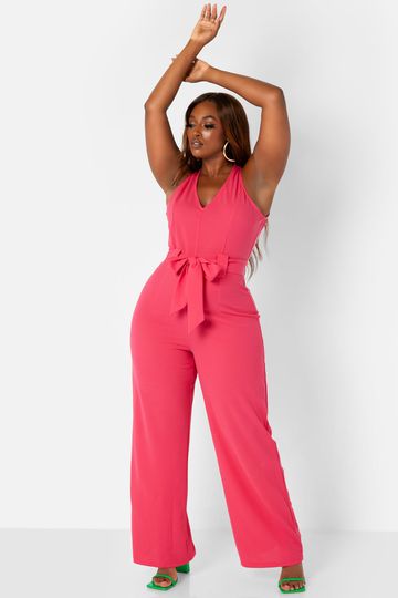 Farrah Sleeveless V-Neck Belted Wide Leg Jumpsuit - Fuchsia