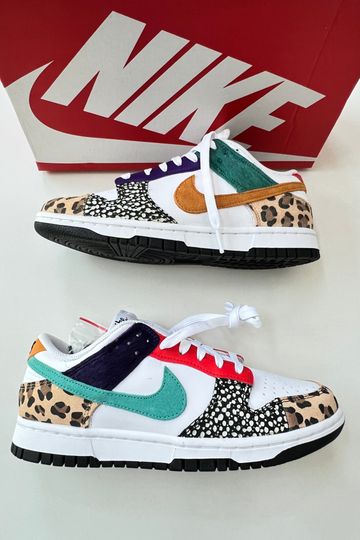 Nike Dunk Low Safari Mix Leopard Womens White Washed Teal Electro Purple Sneakers