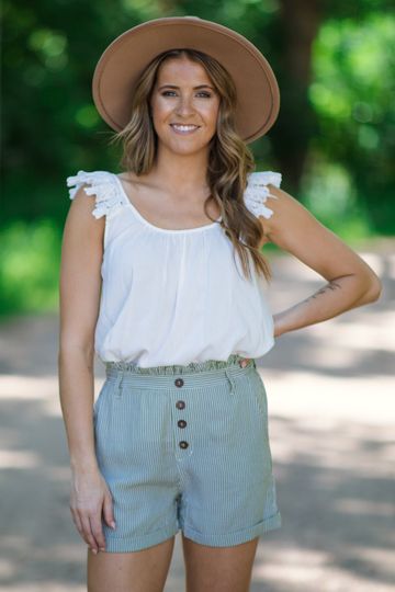 Sage Pinstripe Shorts With Button Detail