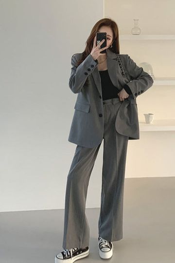 [Korean Style] Grey Loose Fit Blazer High Waist Trouser 2 pc Matching Set