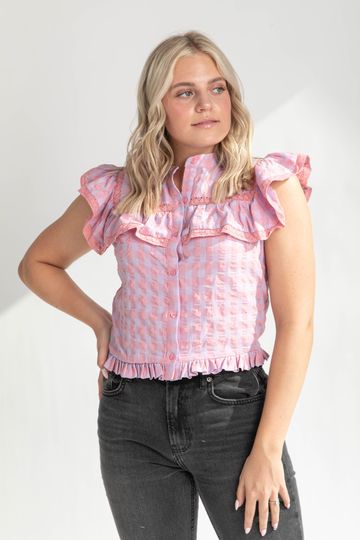 The Harris Ruffle Gingham Top in Pink