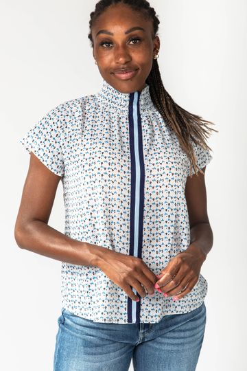 The Howie Smocked Detail Blouse in Blue Floral