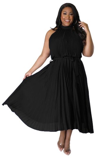 Preview Final Sale Plus Size Halter Neck Sleeveless Dress with Pleats in Black