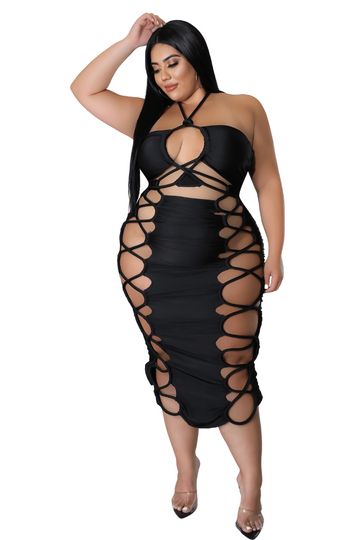 Preview Final Sale Plus Size Lace Up BodyCon Dress with Halter Back in Black