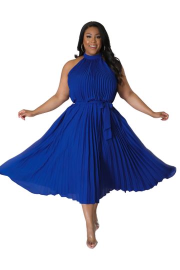 Preview Final Sale Plus Size Halter Neck Sleeveless Dress with Pleats in Royal Blue