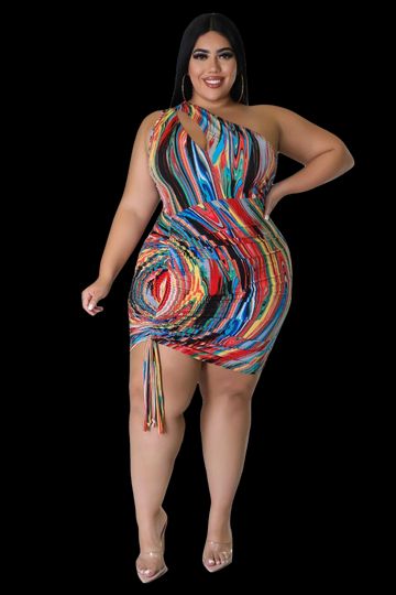 Preview Final Sale Plus Size One Shoulder Bodycon Dress in Multi-Color Print