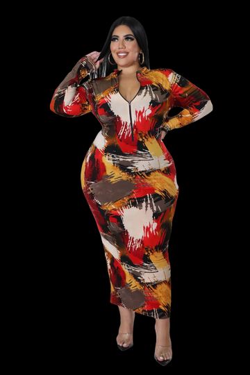 Preview Final Sale Plus Size BodyCon Midi Dress in Red Mustard Brown and Tan Print
