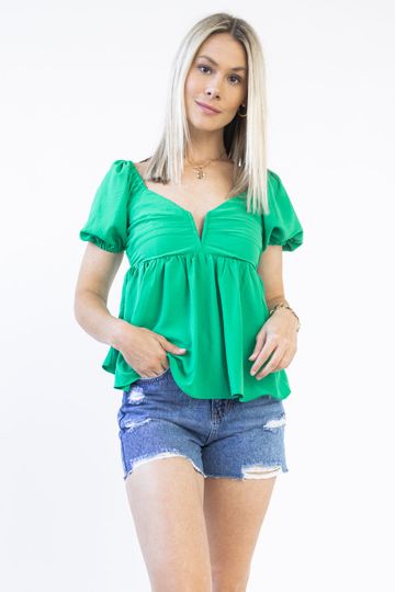 Hey Babe Slit Neck Babydoll Cropped Blouse - GREEN