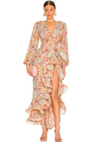 Flowy Ruffle Floral Deep V Bishop Sleeve Slit Evening Dress - Mint Green