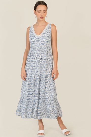 Swansea Floral Crochet Trim Maxi Dress - Blue