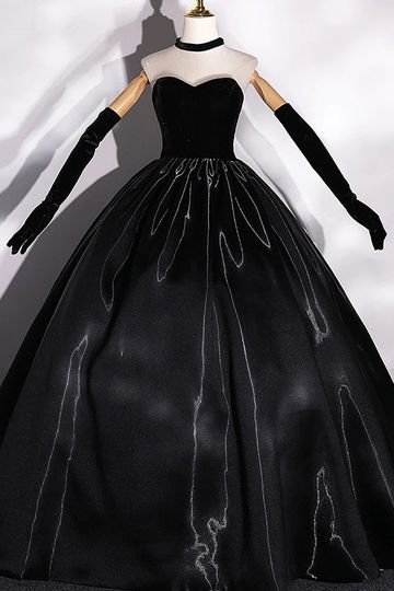 Black Velvet Liquid Satin Top Strapless Sweetheart A-line Long Prom Dress, PD3538