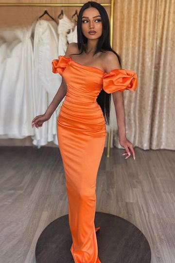 Orange Off-shoulder Ruffle Sleeves Mermaid Pleats Long Prom Dress, PD3542
