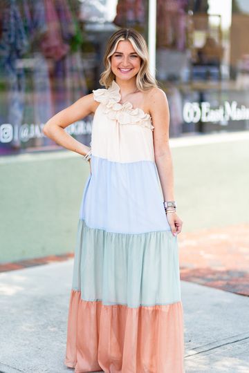 Blue Color Block One Shoulder Ruffle Maxi Dress