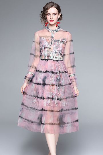 See Through Print Ruffle Midi Dress