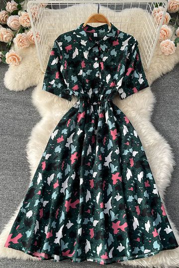 Print Short Sleeve Single A-Line Midi Dress