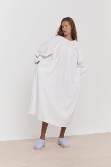 the gathered cotton dress - lavender stripe
