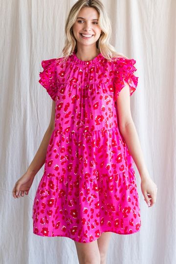 JODIFL Hot Pink Leopard Print Tiered Dress