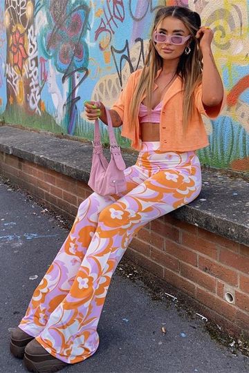 Flower Power Bell Bottoms Groovy Pink Orange White Floral Print High Waist Stretch Hippie Flare Pants Available In Small Medium Or Large
