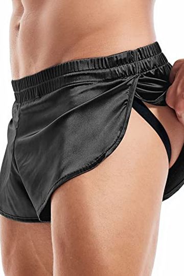 AMY COULEE Mens Sexy Boxers Shorts Split Side Running Shorts Lightweight Silky Jockstrap Stain Active Shorts (XL, Black)