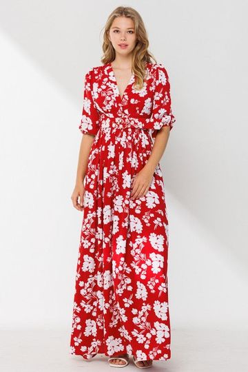 V-neck floral scarlet-red maxi dress
