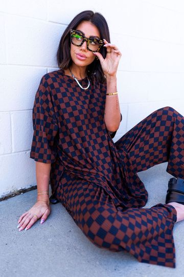 LALA ORIGINAL DESIGN: Lex Ribbed Checkerboard Playsuit in Black/Mocha *RESTOCKING IN DECEMBER*