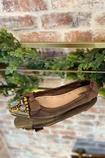 MIU MIU Brown Leather Crystal Flats Sz 40