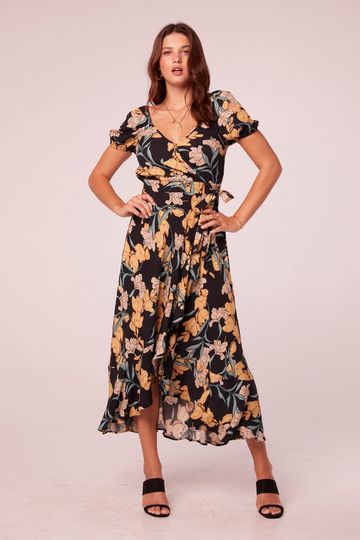 Natessa Black Floral Wrap Maxi Dress