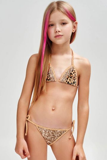Let's Go Wild Liza Brown & Gold Leopard Print Swim Bikini Set - Girls