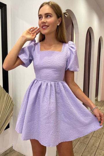 Cute Square Neck Puff Sleeve Lace Up Back Seersucker Skater Mini Dress - Lilac