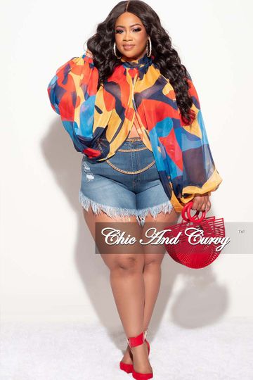 Final Sale Plus Size Sheer Balloon Sleeve Crop Top in Red Mustard and Blue