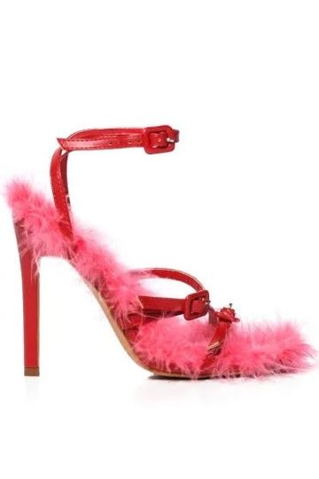 AZALEA WANG BOOGIE DOWN FEATHER DETAIL STILETTO SANDAL - RED