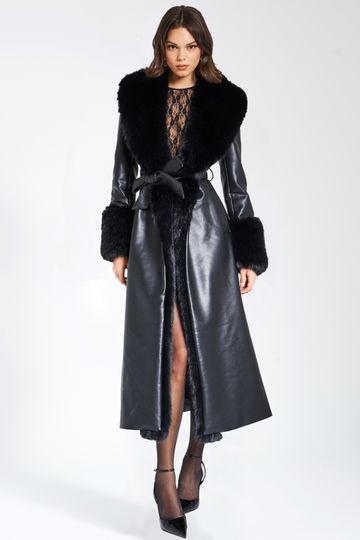 Zaida Black Faux Fur Trim Black Vegan Leather Coat