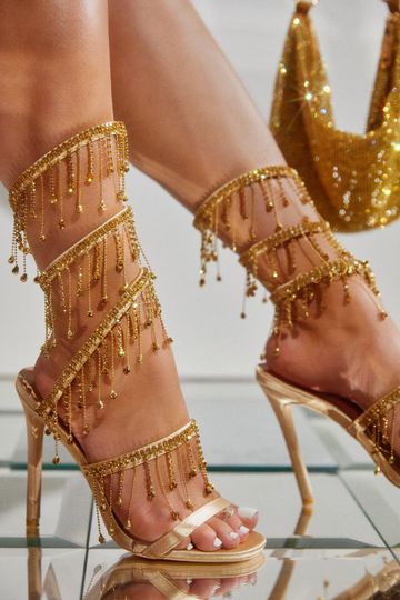 Rhinestone Embellished Around The Ankle Coil Stiletto Heels - Gold