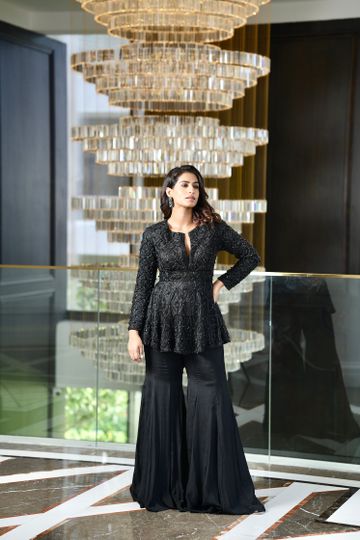 Rashika Sharma's chinon flared pants with Net Peplum Kurta TAHIRA set - Rent