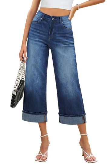 Women's High Waisted Wide Leg Denim Jeans Cuffed Hem Baggy Pockets Capri Pants