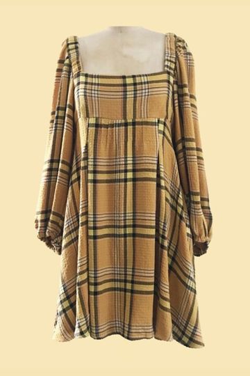 Urban Outfitters Yellow Plaid Bubble Sleeve Mini Dress