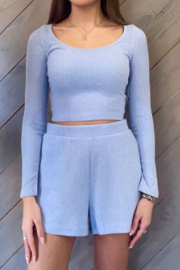 Theo & Spence Ribbed Yummy Cropped Long Sleeve Knit Top - Blue