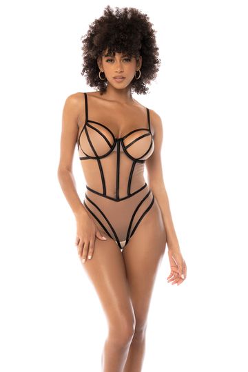 Sheer Mesh Illusion Boning Bodysuit Nude/Black