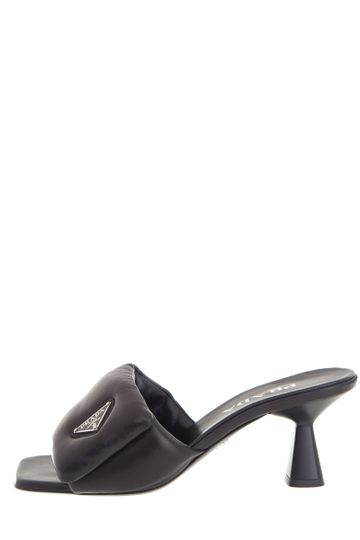 Prada Black Puff Leather Logo Kitten Heels SZ 37.5
