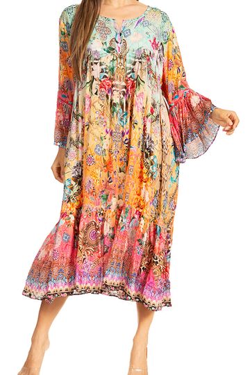 Sakkas Womens 3/4 Ruffled Sleeves Henley Neck Summer Short Flowy Dress/Beachwear