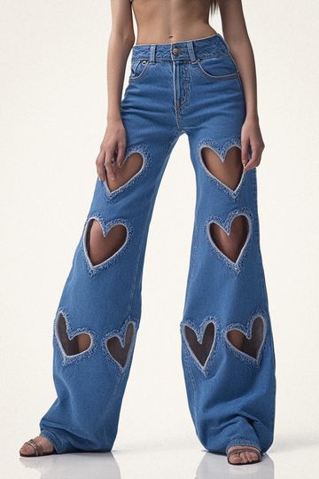 Sophia Embellished Heart Cut-Out Denim Jeans - Medium Blue