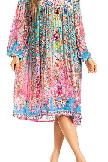 Sakkas Womens 3/4 Puff Sleeves Split Neck Summer Short Flowy Swing Dress/Cover-up