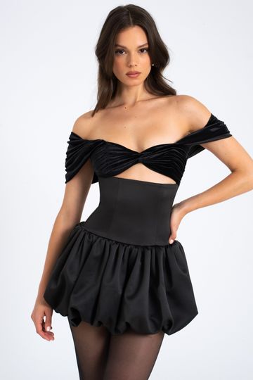 Gabby Black Velvet Top Bubble Hem Mini Dress