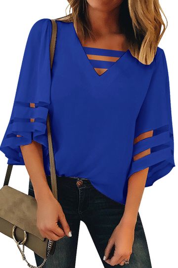 Women's Casual V Neck Mesh Panel Blouse Tops 3/4 Bell Sleeve Shirt