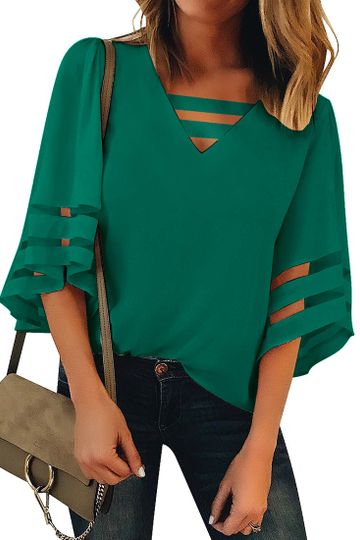 Women's Casual V Neck Mesh Panel Blouse Tops 3/4 Bell Sleeve Shirt