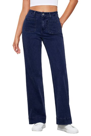 Darkness Blue Women's Bell Bottom Full Length High Waisted Denim Regular Fit Slight Stretch Jeans