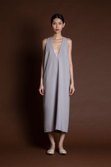 Cardamon Deep V Neck Pocket Dress - Light Grey