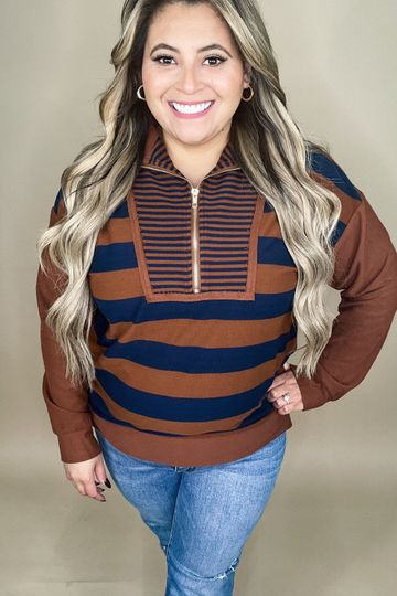 Berna Navy Brown Striped Long Sleeve Top