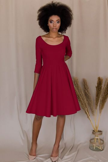 Bright Red Skater 3/4 Sleeve Holiday Easter Tea Party Dress - Women